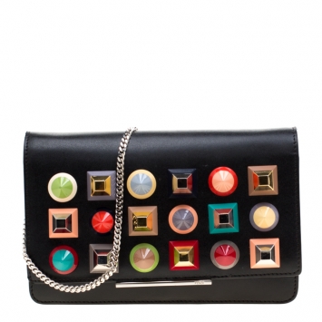 Pre Owned Fendi Black Leather Studded Wallet On Chain