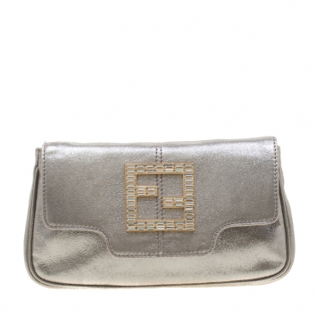 Pre Owned Fendi Silver Metallic Crystal Logo Leather Flap Clutch