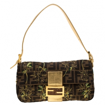 Pre Owned Fendi Brown/Gold Metallic Zucca Palm Trees Embroidered Canvas and Leather Baguette Shoulder Bag