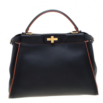 مملوكة مسبقًا Fendi  Navy Blue Leather Medium Peekaboo Top Handle Bag