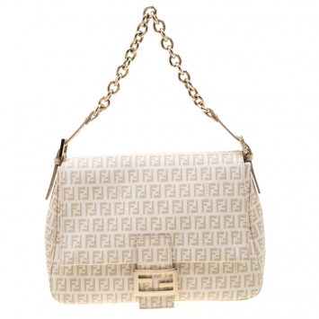 Pre Owned Fendi White/Beige Zucchino Canvas Mama Forever Shoulder Bag
