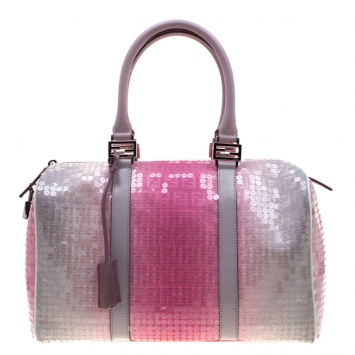 Pre Owned Fendi Pink/Grey Zucchino Sequin Canvas and Leather Bauletto Boston Bag