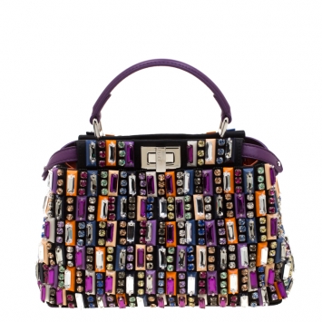 Pre Owned Fendi Multicolor Crystal Embellished Leather Mini Peekaboo Top Handle Bag