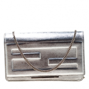 Pre Owned Fendi Metallic Silver Leather Tube Wallet On Chain 