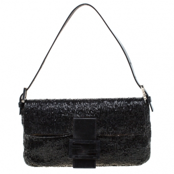 Pre Owned Fendi Black Beads and Leather Baguette Shoulder Bag