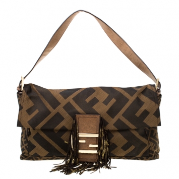 Pre Owned Fendi Brown Zucca Canvas and Leather Baguette Shoulder Bag