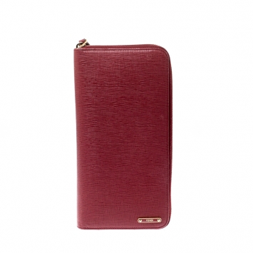 Pre Owned Fendi Red Leather Zip Around Organizer Wallet