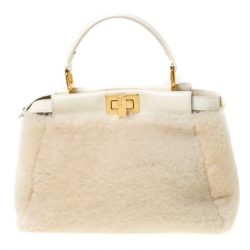 Pre Owned Fendi Cream Shearling and Leather Mini Peekaboo Top Handle Bag