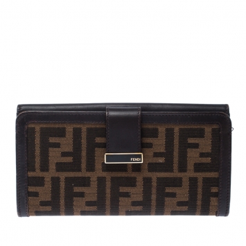 Pre Owned Fendi Brown Zucca Canvas and Leather Flap Wallet