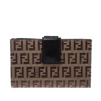 Pre Owned Fendi Zucchino Canvas and Leather Kiss Lock Compact Wallet