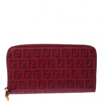 Pre Owned Fendi Red Zucchino Coated Canvas Zip Around Wallet 