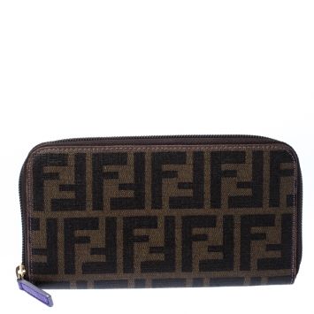 Pre Owned Fendi Tobacco Zucca Coated Canvas Zip Around Wallet 