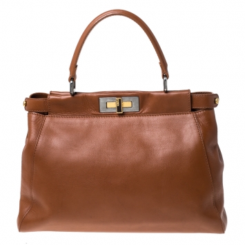 Pre Owned Fendi Tan Leather Medium Peekaboo Top Handle Bag