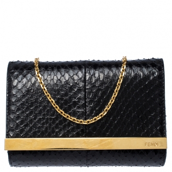 Pre Owned Fendi Black Python Leather Mini Rush Evening Clutch