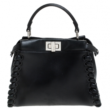 Pre Owned Fendi Black Leather Mini Whipstitched Peekaboo Top Handle Bag                  