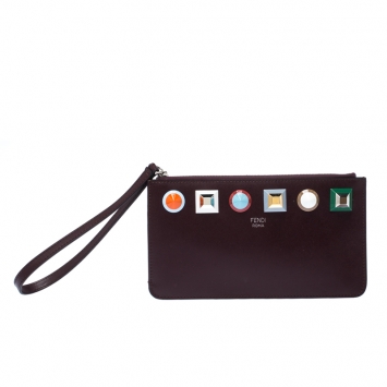 Pre Owned Fendi Dark Burgundy Leather Rainbow Studded Wristlet Clutch