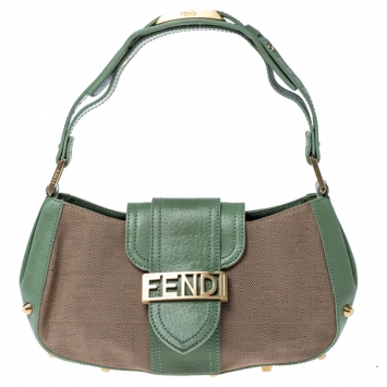 Pre Owned Fendi Beige/Green Zucca Canvas and Leather Baguette Shoulder Bag