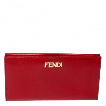 Pre Owned Fendi Red Patent Leather Flap Continental Wallet