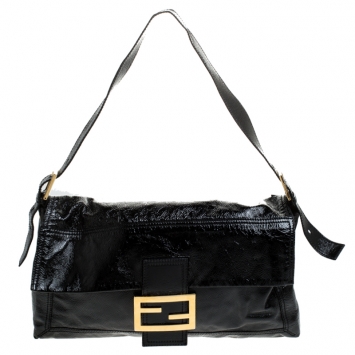 Pre Owned Fendi Black Crinkle Patent Leather Large Mamma Baguette Shoulder Bag