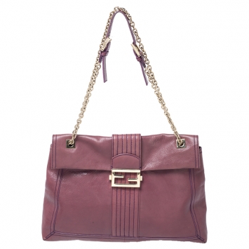 Pre Owned Fendi Purple Leather Maxi Baguette Flap Shoulder Bag