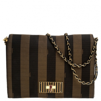 Pre Owned Fendi Tobacco Pequin Canvas Large Claudia Shoulder Bag