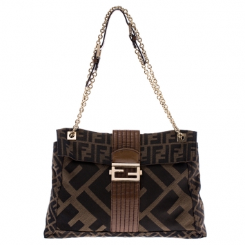 Pre Owned Fendi Tobacco Zucca Canvas Maxi Baguette Flap Shoulder Bag