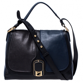 Pre Owned Fendi Blue/Black Leather Flap Top Handle Bag