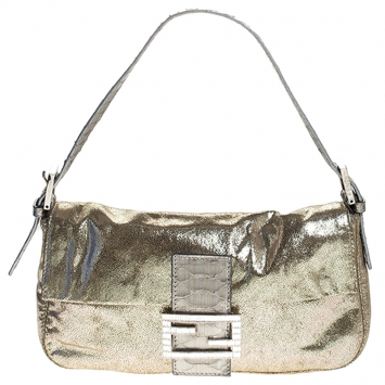 Pre Owned Fendi Gold Faux Leather Baguette Shoulder Bag