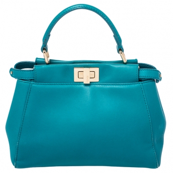 Pre Owned Fendi Turquoise Leather Mini Peekaboo Top Handle Bag