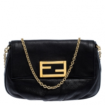 Pre Owned Fendi Black Leather Fendista Chain Shoulder Bag