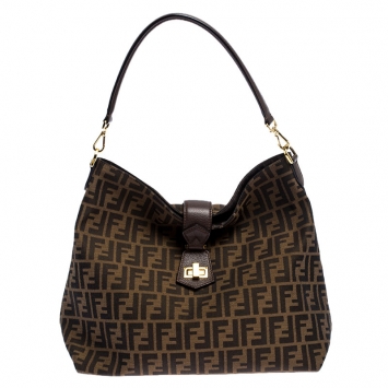 Pre Owned Fendi Tobacco Zucca Canvas and Leather Jacquard Hobo 