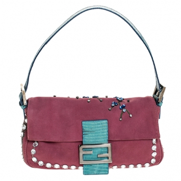 Pre Owned Fendi Pink Suede Crystal Embellished Mama Baguette