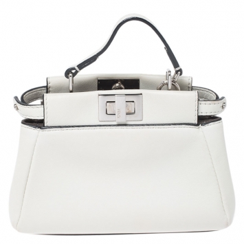 Pre Owned Fendi White Leather Micro Peekaboo Top Handle Bag