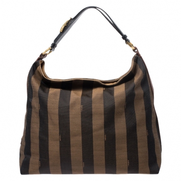Pre Owned Fendi Tobacco/Black Canvas and Leather Large Pequin Striped Hobo
