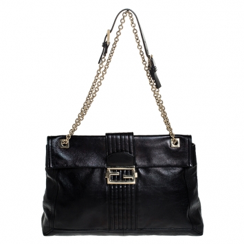 Pre Owned Fendi Black Metallic Leather Maxi Baguette Shoulder Bag