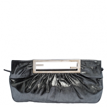 Pre Owned Fendi Metallic Grey Leather Cutout Handle Clutch