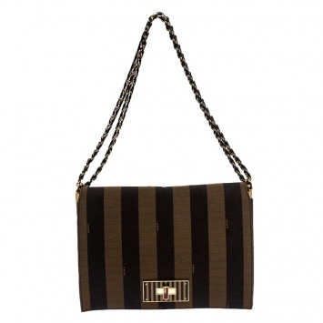 Pre Owned Fendi Tobacco Canvas Large Pequin Stripe Claudia Shoulder Bag
