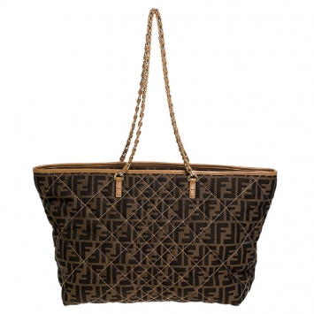 Pre Owned Fendi Brown/Beige Zucca Quilted Canvas and Leather Large Roll Tote