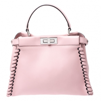 Pre Owned Fendi Pink Leather Medium Whipstitched Peekaboo Top Handle Bag