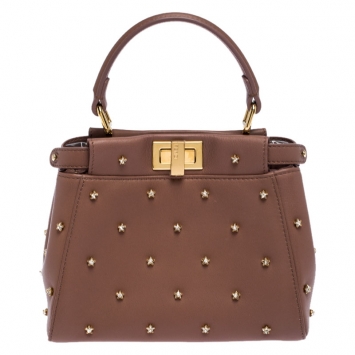Pre Owned Fendi English Rose Leather Star Crystals Embellished XS Iconic Peekaboo Top Handle Bag
