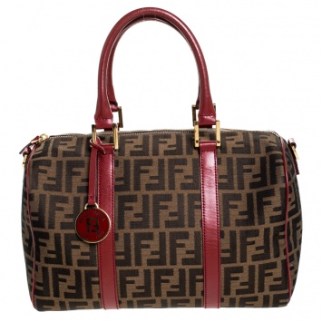 مملوكة مسبقًا Fendi Tobacco Zucca Red Lining Canvas Medium Forever Bauletto Boston Bag