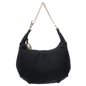 Pre Owned Fendi Black Zucca Canvas and Leather Chef Chain Link Hobo