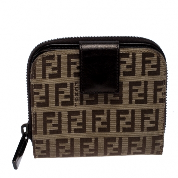 Pre Owned  Fendi Brown/Beige Zucchino Canvas Zip Around Compact Wallet 