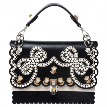 Pre Owned Fendi Black/Beige Embroidered Leather Medium Pearl Kan I Top Handle Bag