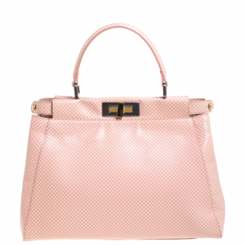Pre Owned Fendi Pink/White Checkered Leather Sequin Lining Medium Peekaboo Top Handle Bag