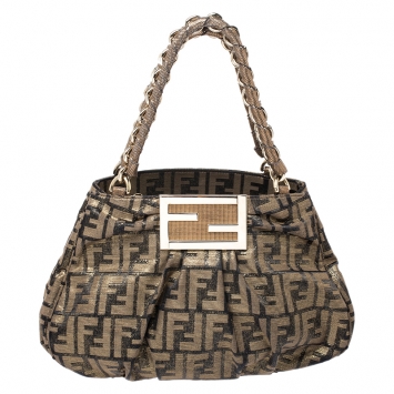 Pre Owned Fendi Gold/Brown Zucca Shimmering Fabric Small Mia Shoulder Bag