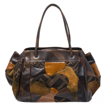 Pre Owned Fendi Brown Zucca Canvas,Leather and Fur Patchwork Shoulder Bag