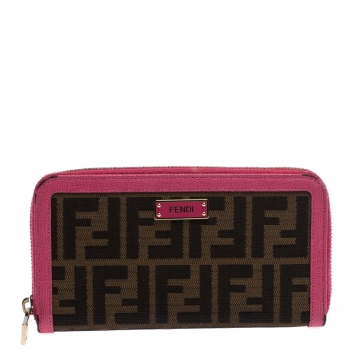 Pre Owned Fendi Pink/Tobacco Zucca Canvas Zip Around Wallet