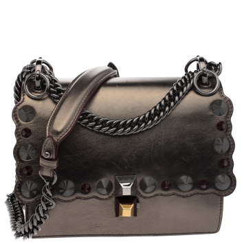 Pre Owned Fendi Metallic Leather Studded Mini Kan I Chain Shoulder Bag