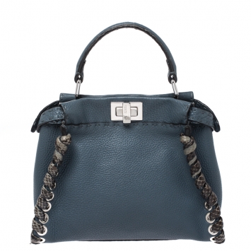 Pre Owned Fendi Blue Selleria Leather and Python Mini Peekaboo Top Handle Bag